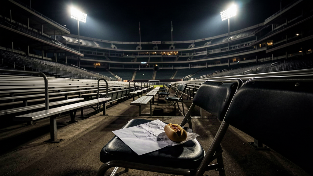 An empty baseball stadium seat holding a crumpled program under harsh night lights