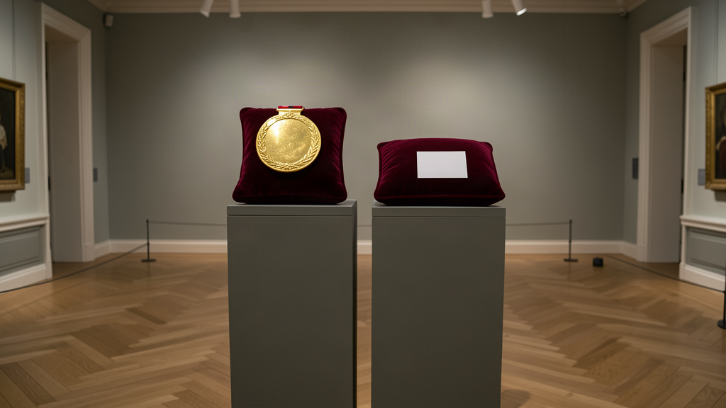 A gold Nobel-style medal on a red velvet cushion on a pedestal, beside an empty pedestal holding an empty cushion with a blank card