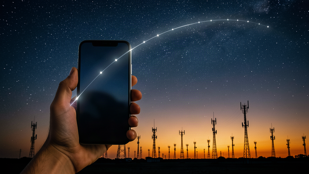 A smartphone held up against a dusk sky with a faint arc of satellites crossing above it, a field of cell towers dim in the background