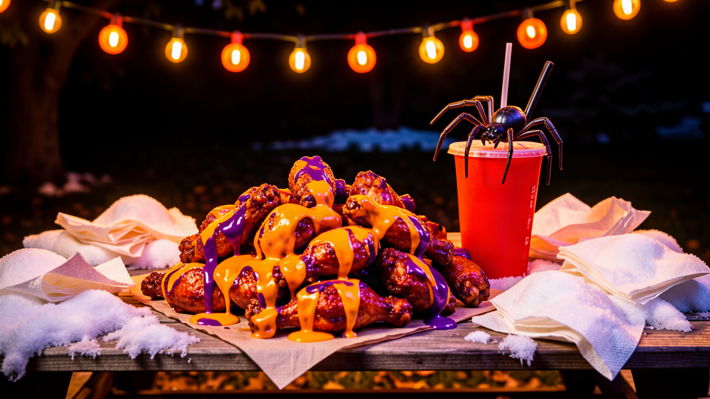 A table piled with Halloween-colored chicken wings and orange sauces under string lights, a plastic spider on the rim of a soda cup
