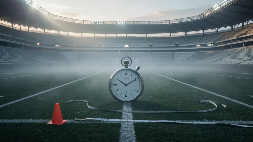A vast empty football stadium at dawn with a single stopwatch resting on the fifty-yard line, numbers floating as light on the turf