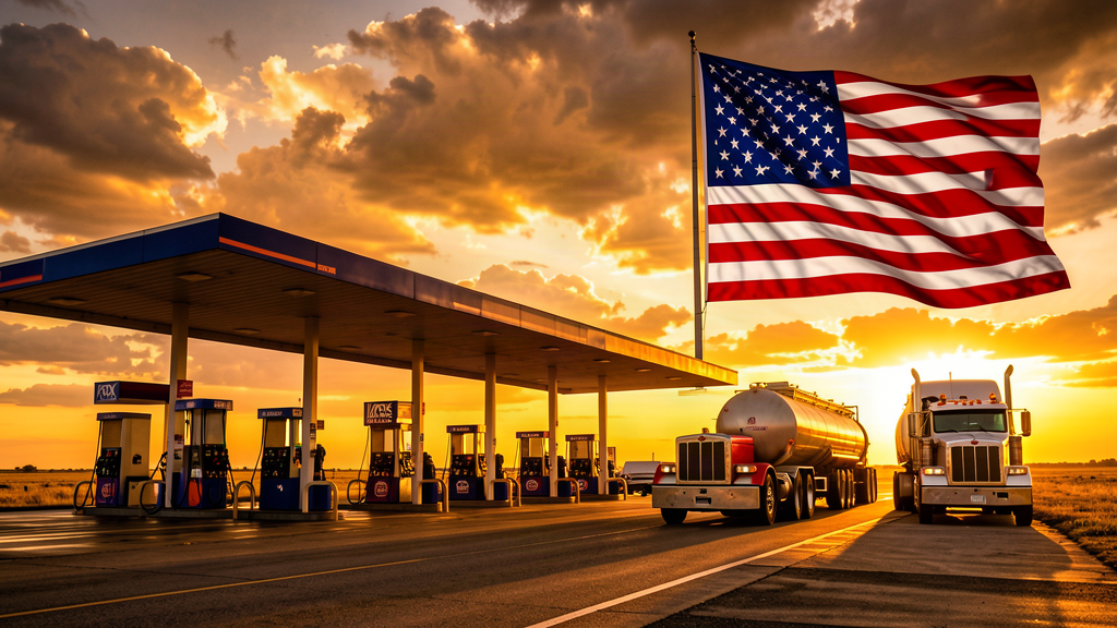 A diesel pump island at a highway truck stop at golden hour, an American flag snapping above it, a tanker truck pulling in
