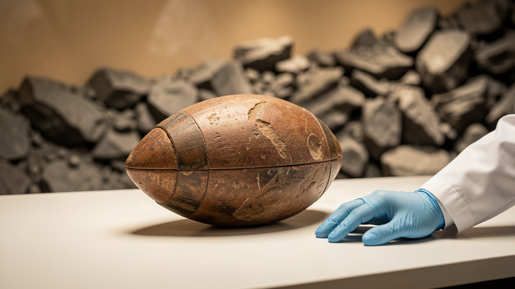 A barrel-shaped fossil bullet beside a paleontologist's gloved hand on a lab table, outcrop of gray Jurassic shale in the background