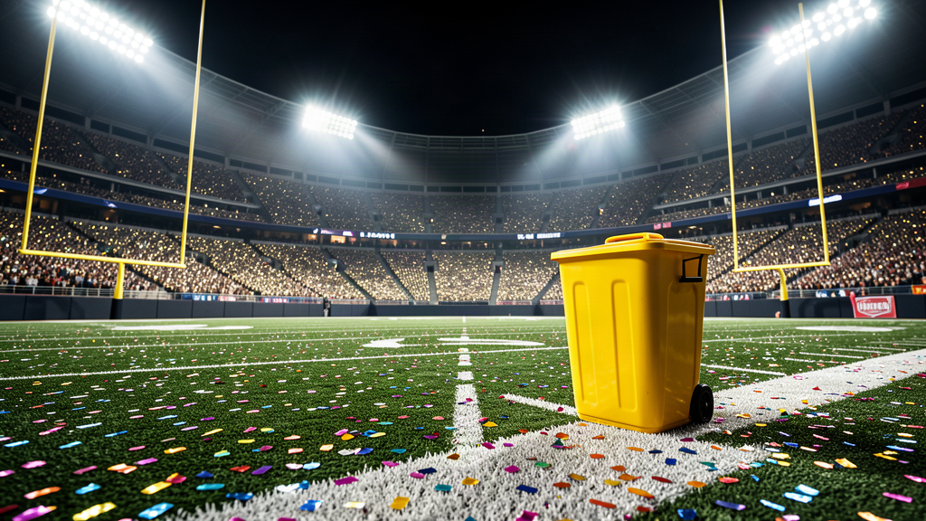 An empty football field at night under stadium lights, a single yellow trash can standing alone on the sideline, seats glittering in the background