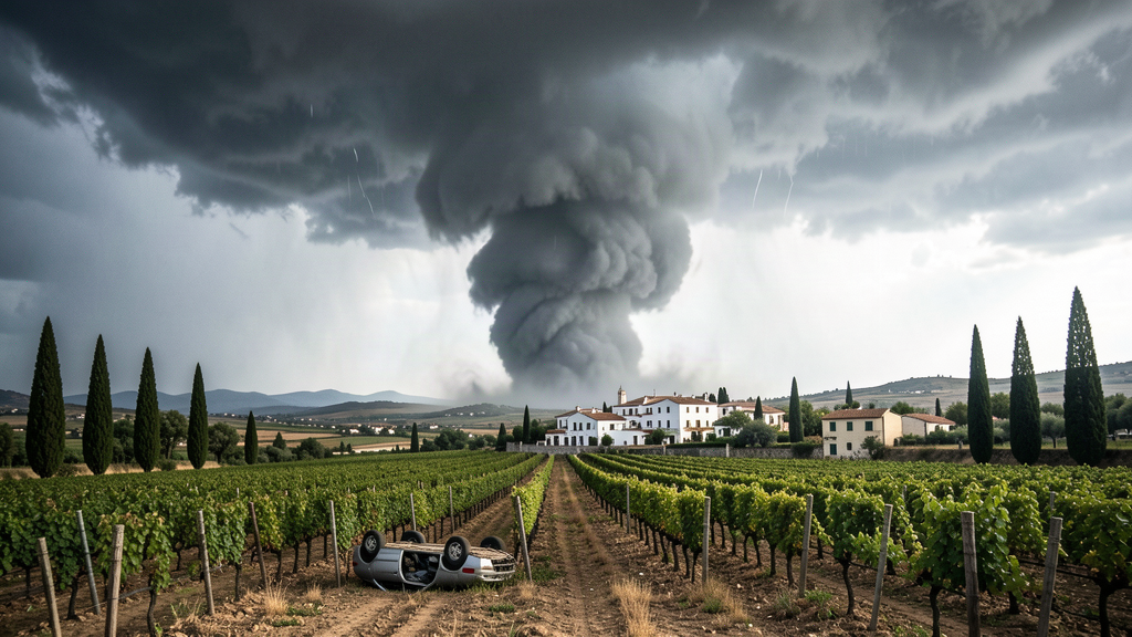 A twin funnel tornado over flat vineyard country near a small Sicilian town, dark funnel against bright storm light, a farmhouse in the distance