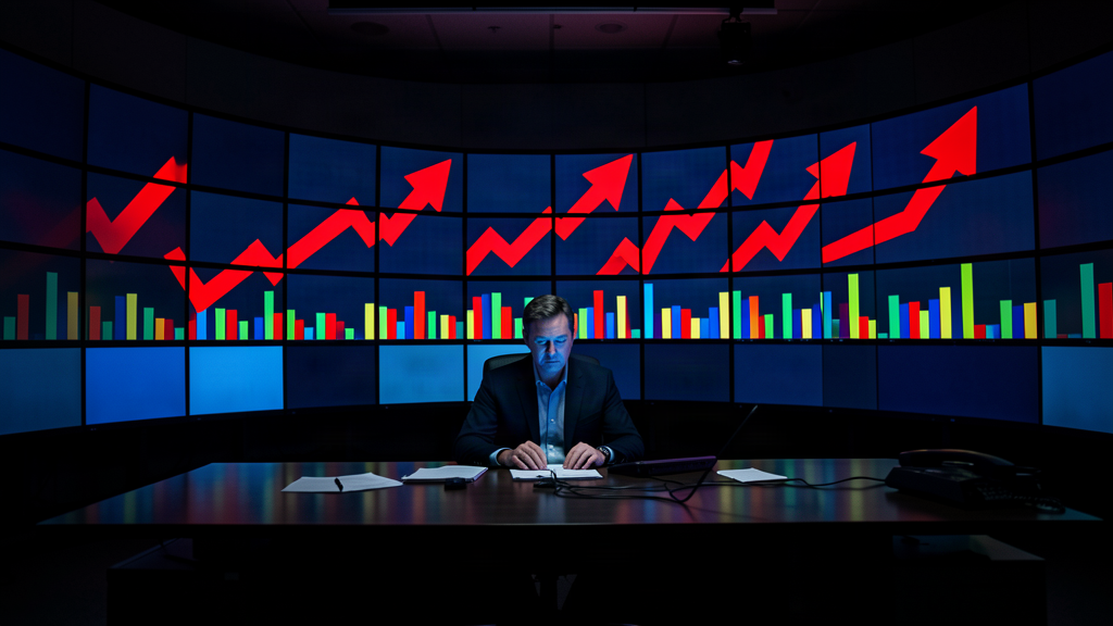 A lone trader at a desk on a darkened trading floor lit by a wall of glowing screens, one big red arrow climbing