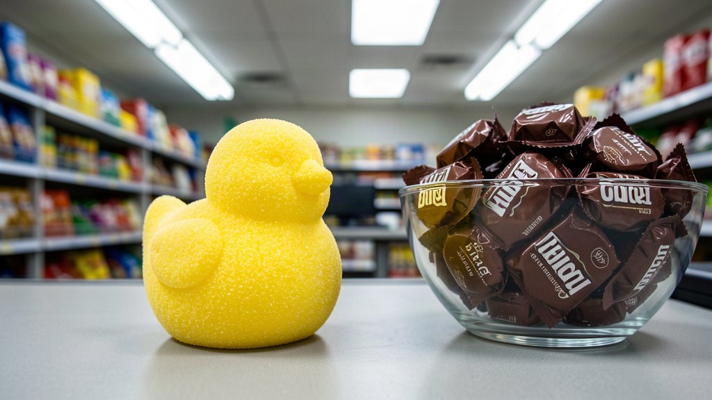 A single yellow marshmallow chick sitting alone on a checkout counter next to a bowl of wrapped chocolate candy under fluorescent store lights
