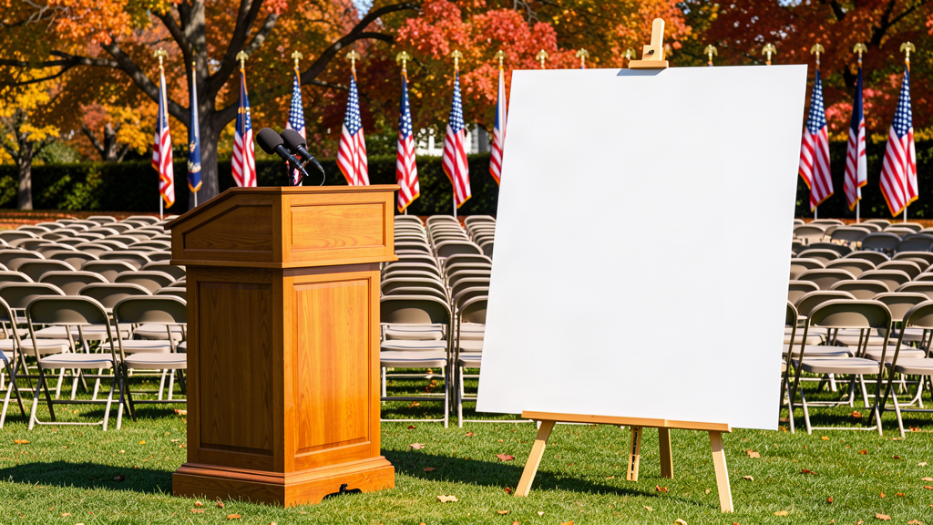 An empty presidential podium on the White House South Lawn beside a large blank poster on an easel, press shells and flags behind