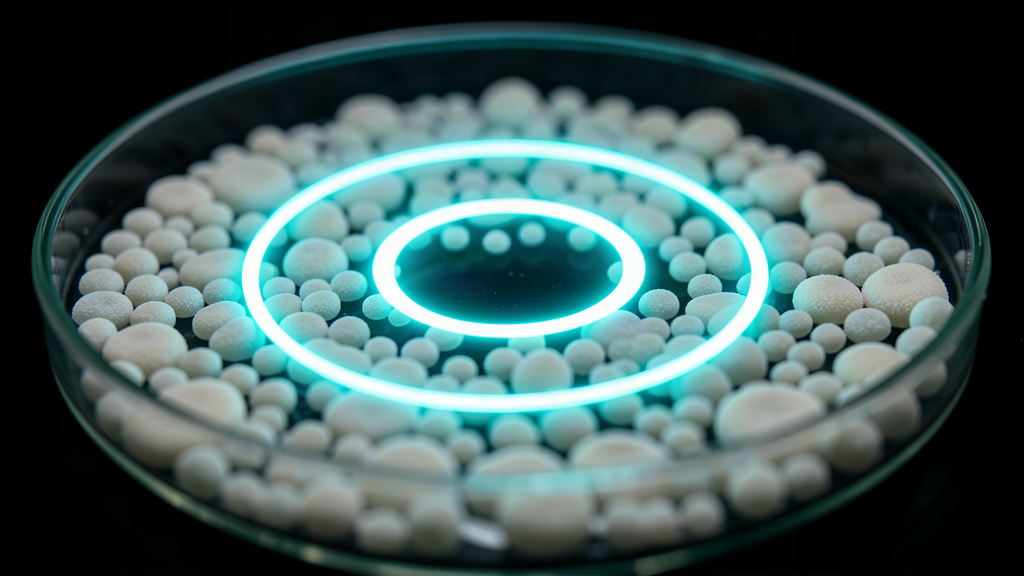 A glowing petri dish under laboratory light, a single bright ring of light expanding across a field of pale colonies
