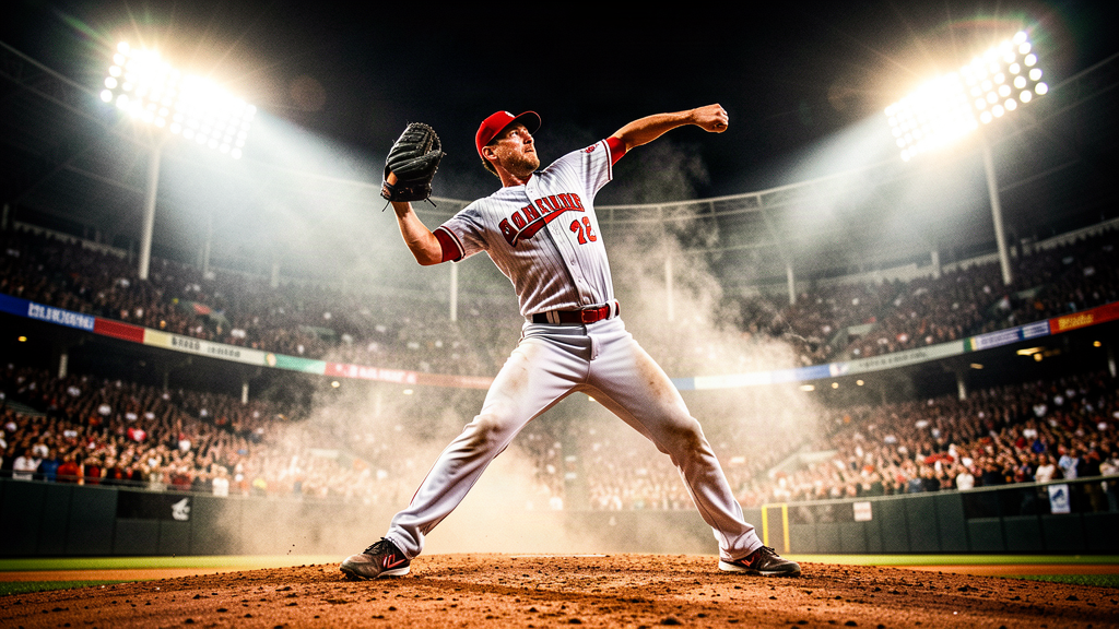 A left-handed pitcher on the mound under stadium lights mid-windup, crowd blurred behind, autumn night air