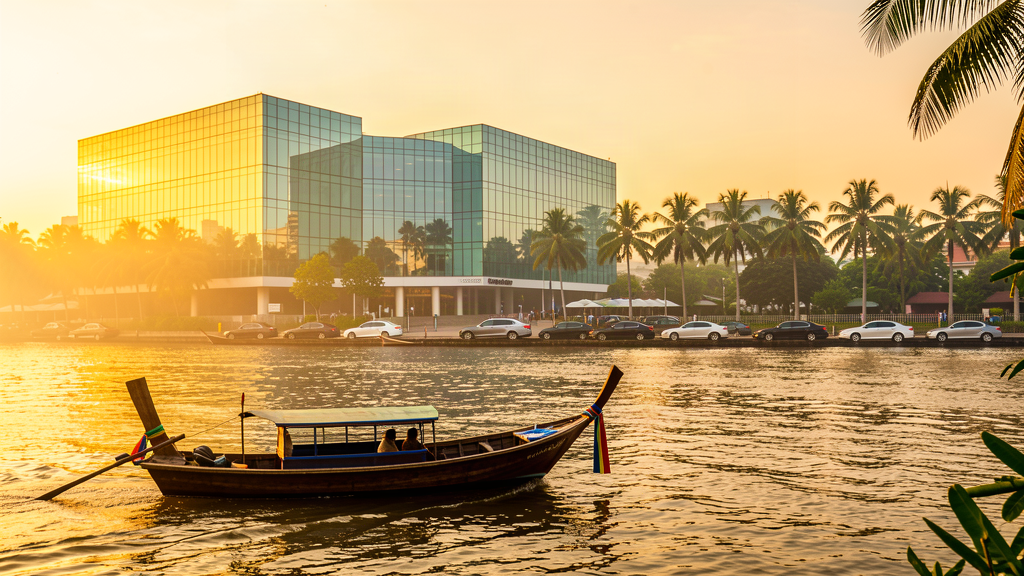 A gleaming modern convention center beside a wide river in Bangkok, golden evening light, a long-tail boat passing in the foreground