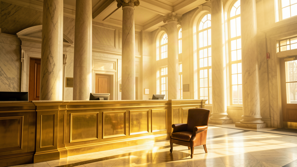 A marble bank lobby with tall columns and a polished brass teller counter, morning light through high windows, no customers