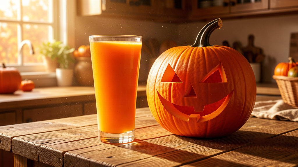 A tall glass of orange pumpkin juice on a rustic wooden counter beside a whole carved pumpkin, autumn light through a window