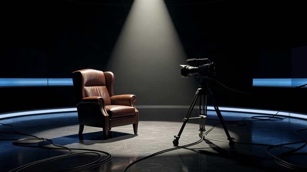 A television studio set with a single spotlight on an empty host chair, a camera on a tripod facing it, dark soundstage around