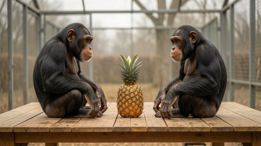 Two chimpanzees sitting apart on a wooden platform in a research enclosure, a single pineapple between them, soft daylight