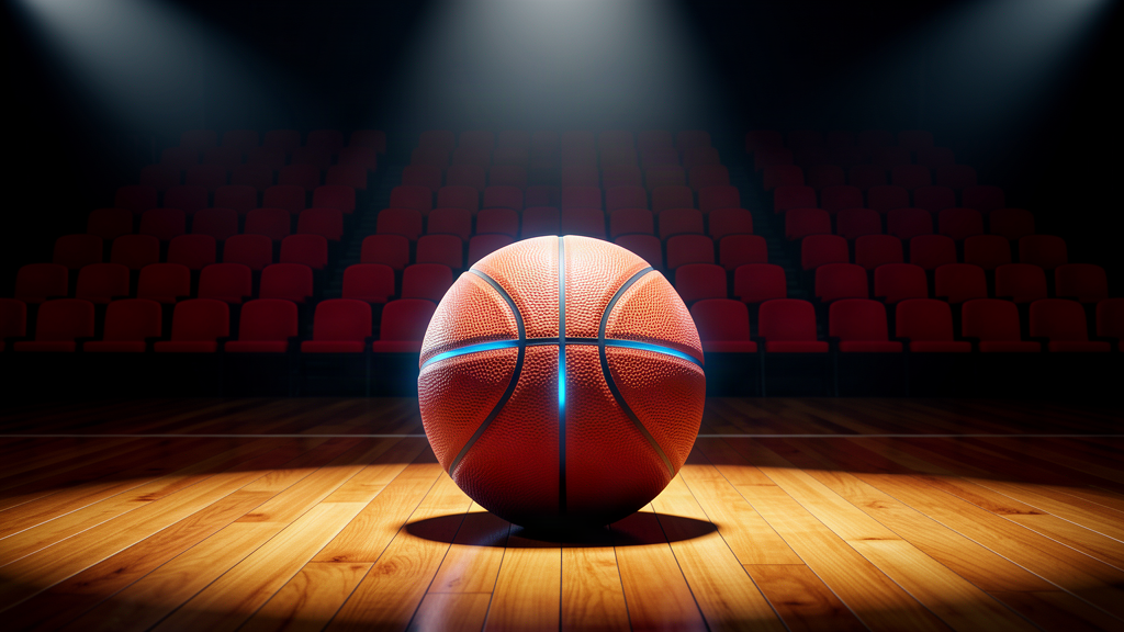 A single basketball on a polished hardwood court under arena lights, a faint glowing seam, empty seats rising behind