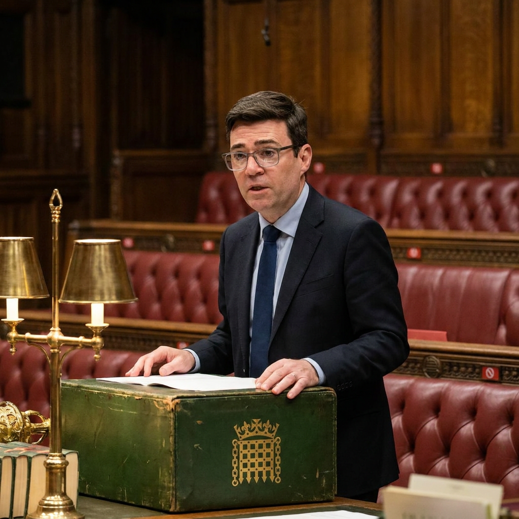 A man in a dark suit and glasses standing at a green ministerial dispatch box in an ornate wood-paneled chamber, warm lamplight