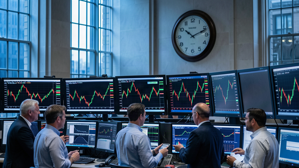A bank trading floor at open, traders at screens showing red charts, a large clock on the wall, cool blue morning light through tall windows
