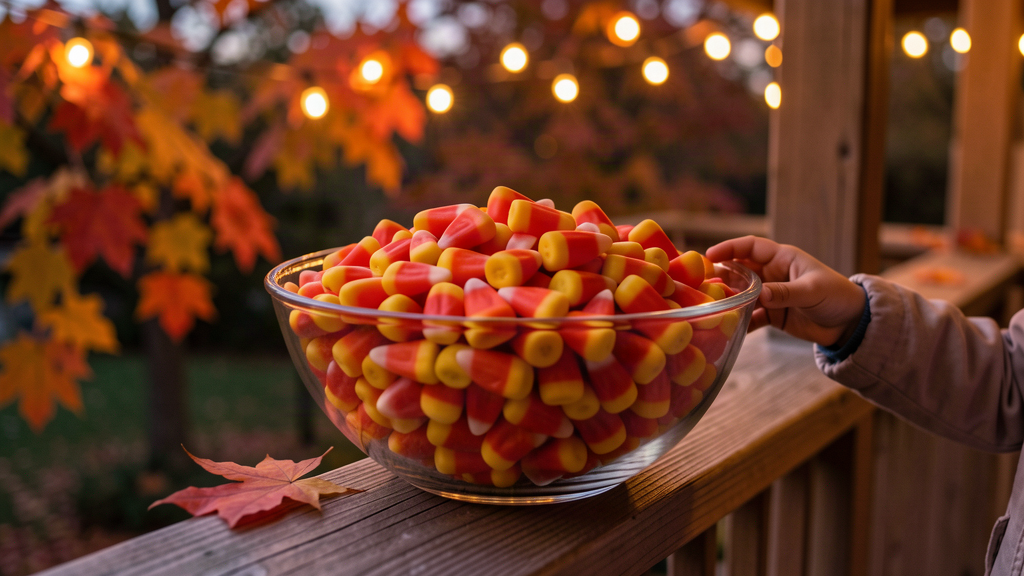 A large glass bowl overflowing with candy corn on a porch railing at dusk, a child's hand reaching in, autumn leaves scattered nearby