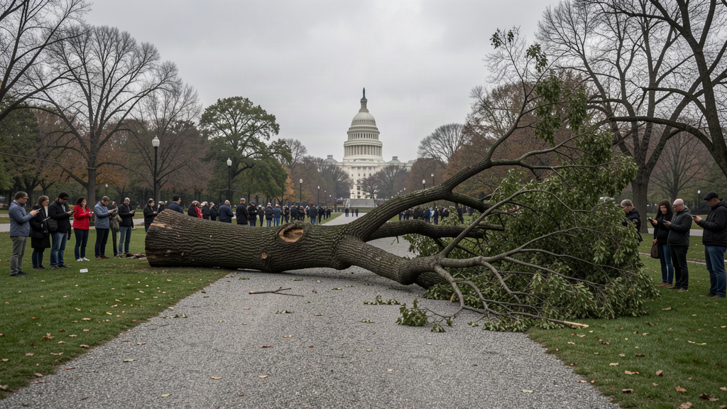 A single felled tree lying across a path in a public park, a small crowd standing at a distance reading their phones, overcast Washington light