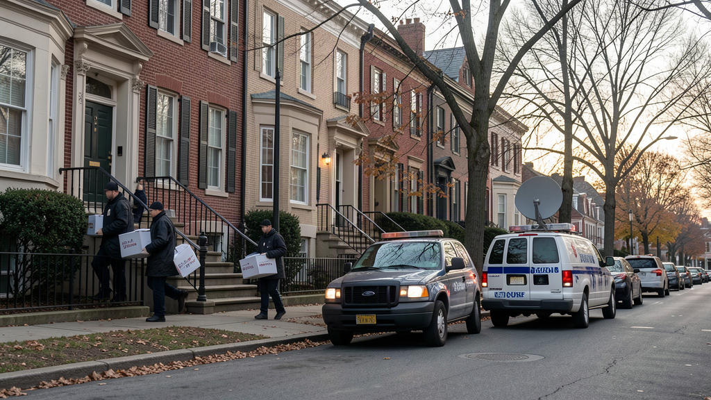 Federal agents in windbreakers carrying document boxes up the steps of a row house on a quiet Washington street at dawn, a single news van across the street