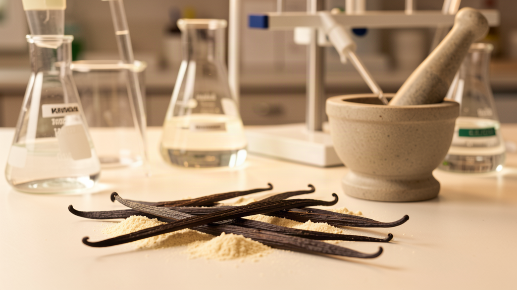 Vanilla pods and pale vanilla powder arranged on a laboratory bench beside glass beakers and a pipette, warm laboratory light, shallow depth of field
