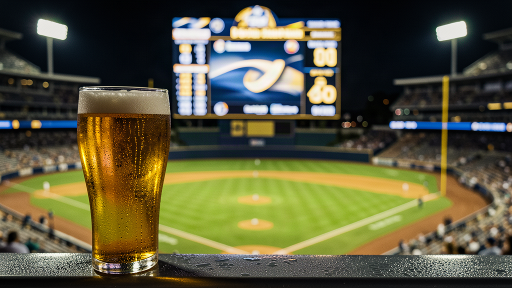 A baseball stadium at night, a beer mug sweating on a rail in the foreground, the field lit below, a scoreboard glowing in soft focus