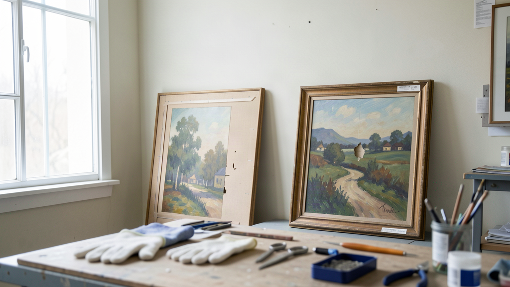 Two framed impressionist paintings leaning against a wall in a conservation studio, one with a small tear in the canvas, tools and gloves on a workbench nearby