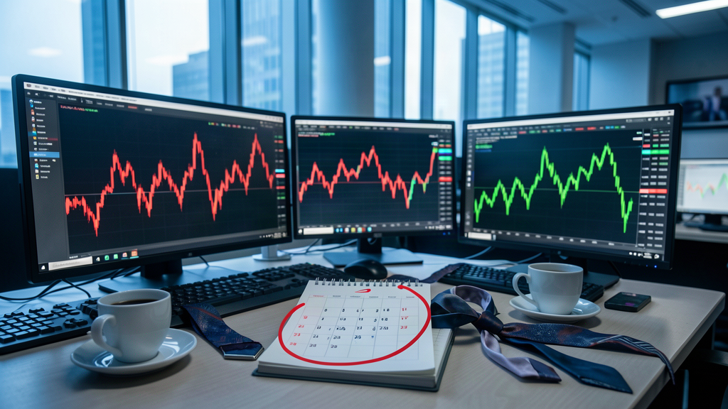 A trading desk with multiple monitors showing abstract red and green charts, a coffee cup and a printed calendar circled on October 14