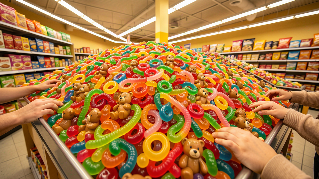 An enormous mountain of multicolored gummy candies spilling out of a supermarket display bin, shoppers reaching in