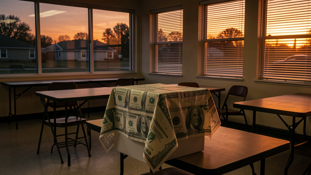 A giant translucent dollar bill draped over a ballot box in an empty polling place at dusk