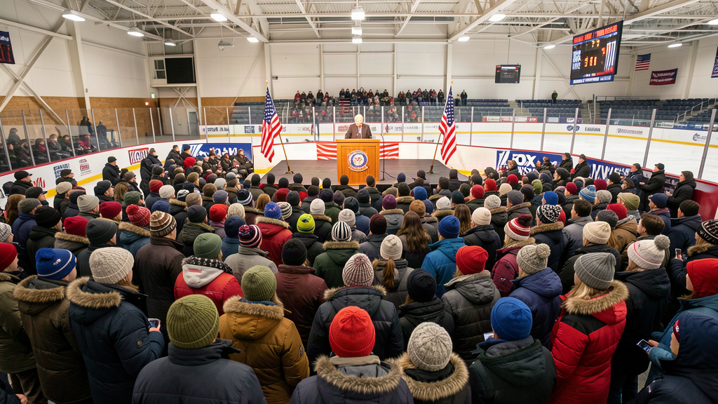 The President addressing a packed indoor rally crowd in Alaska, many wearing winter parkas, under arena lights