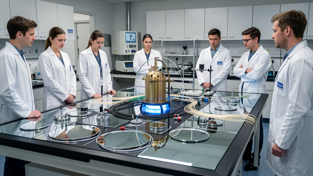 A laser laboratory with an optical table of mirrors and cables, a small vacuum apparatus at center, researchers in lab coats in soft blue light