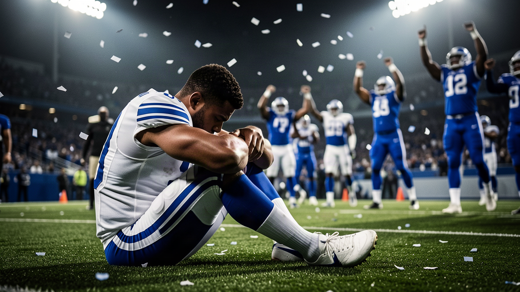 A dejected football player in a white and royal blue uniform sitting on the turf under stadium lights while players in blue celebrate in the background