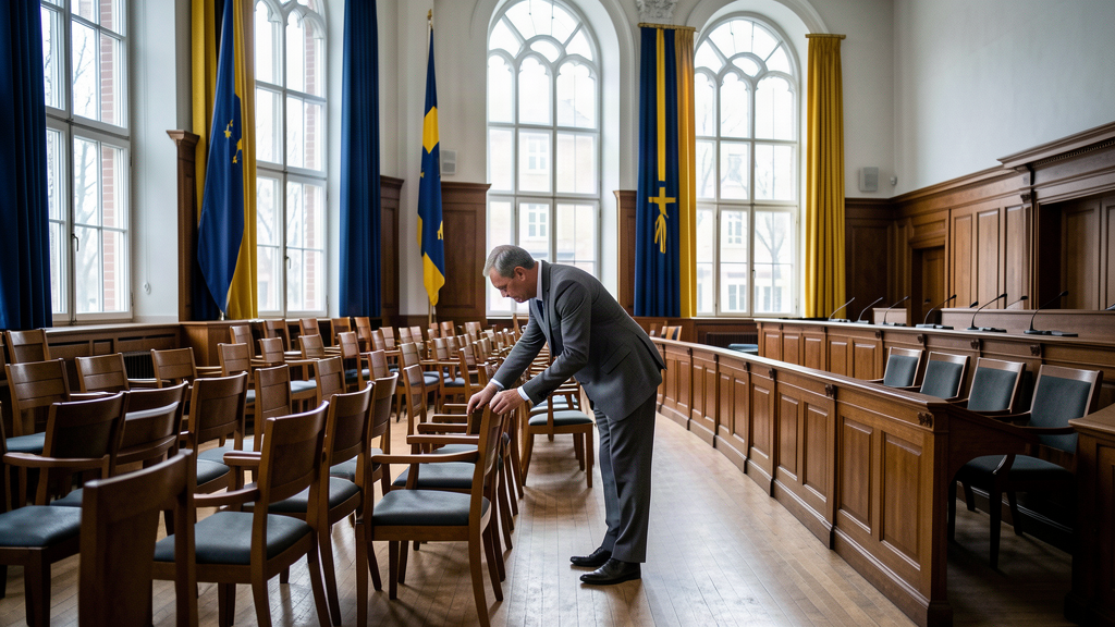 A lone official arranging chairs in a large empty parliamentary chamber with yellow-blue decor