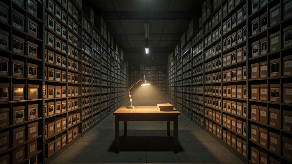 A vast warehouse archive of photo slides and prints stretching into darkness, a single work lamp illuminating an empty desk in the aisle