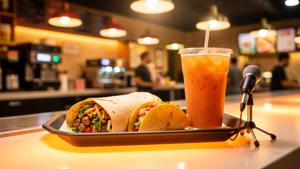 A fast food tray holding a burrito, a crunchy taco, and a large fountain drink under bright restaurant lights, a small empty microphone stand beside the tray
