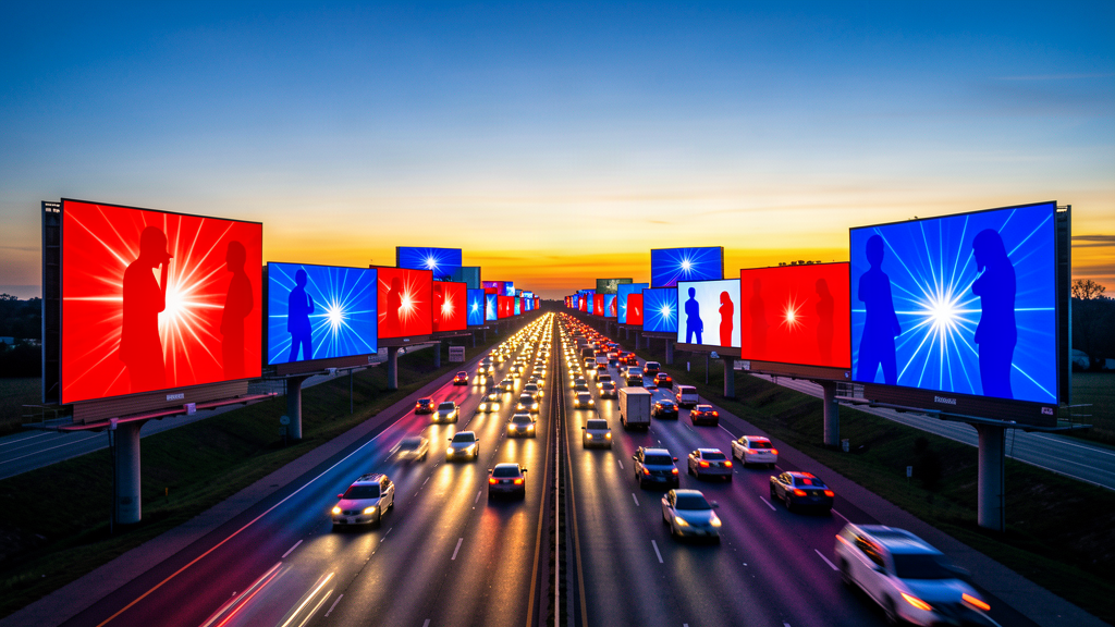 A highway at dusk lined with dozens of glowing billboard ad spaces, each showing an abstract red or blue silhouette instead of text