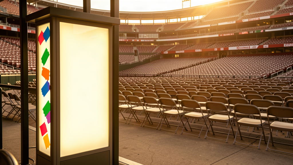 An empty baseball ballpark in Milwaukee at golden hour, a ticket kiosk glowing in the foreground, folding seats shimmering heat-haze empty beyond