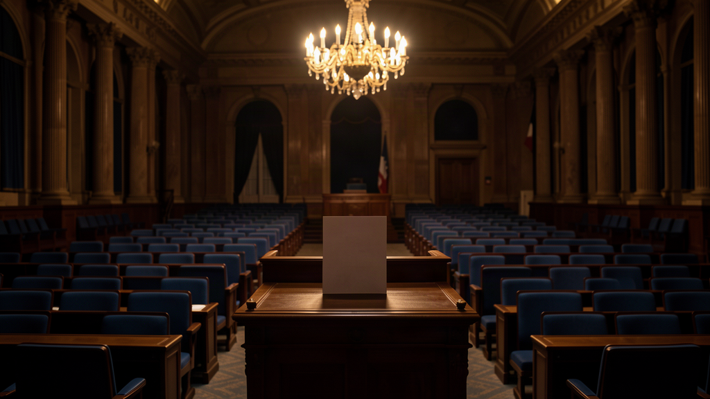The interior of the French National Assembly at night, nearly empty, a single sheet of paper standing upright at the central podium under warm chandelier light