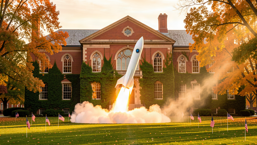 A stately brick university building with a rocket launching from its lawn
