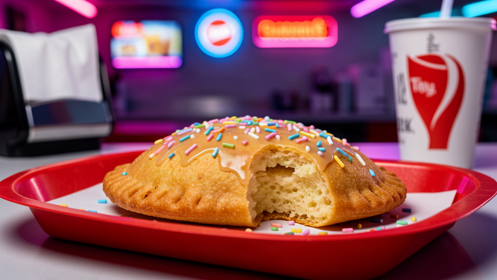A golden fried empanada dusted with pastel sprinkles on a fast-food tray