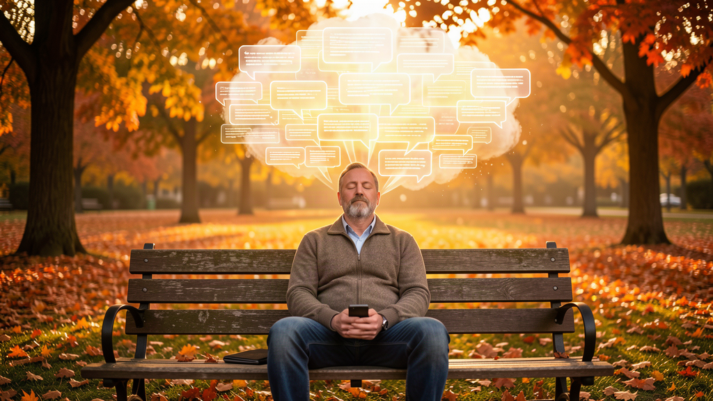 A man reading a phone on a park bench with a long ignored message bubble above him