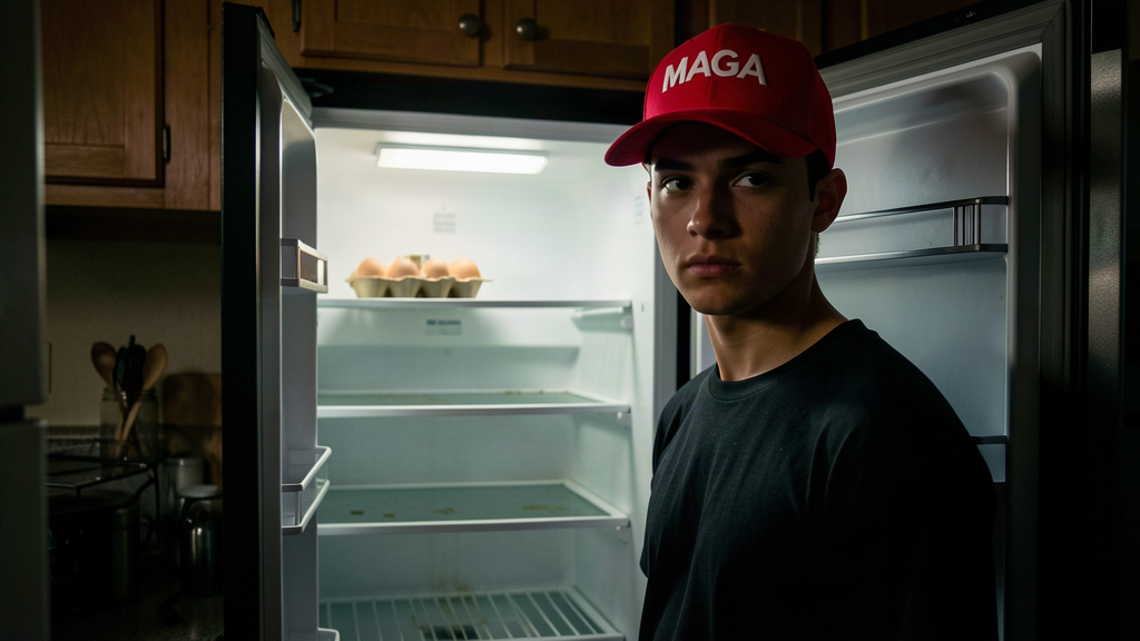 A young man in a MAGA hat staring into an empty refrigerator lit by a single bulb