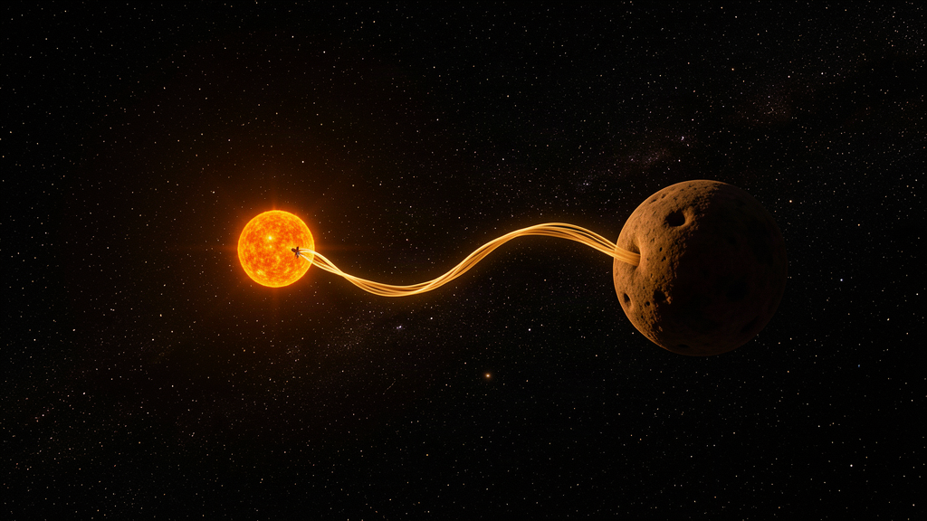 A small bright star drawing a glowing stream of gas from a dim brown dwarf in deep space
