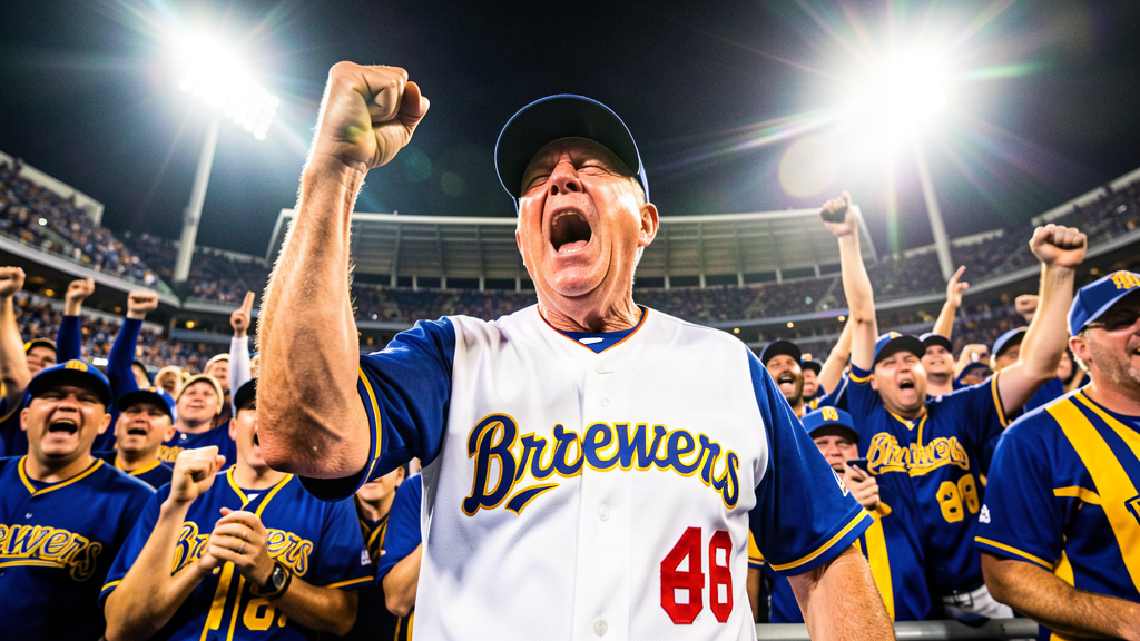 An older man in a Brewers cap watching his son's home run from the stands, fist raised