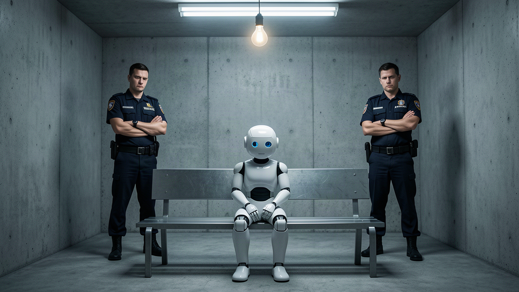 A humanoid robot sitting on a bench in a German police station interview room under a bare bulb