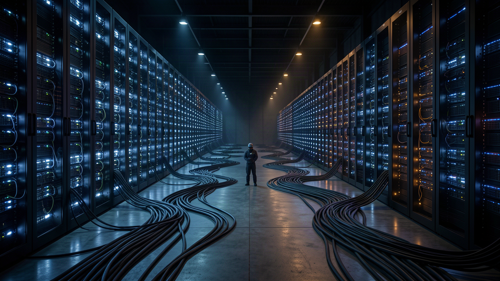 A vast glowing server hall stretching into darkness, cables snaking across the floor