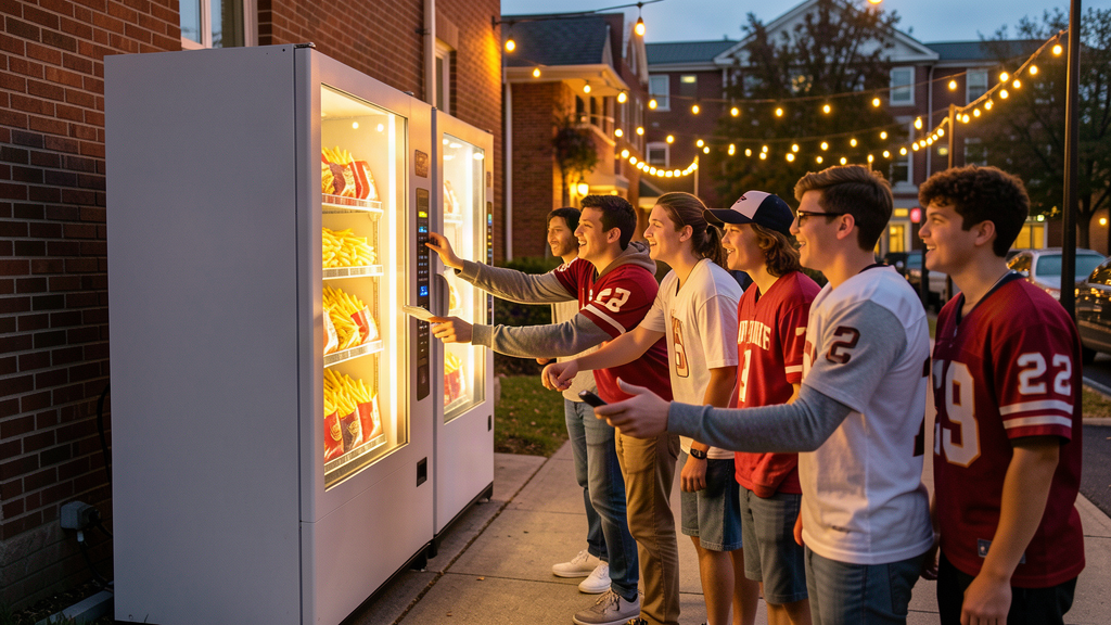 A glowing McDonald's vending machine on a sidewalk handing out bags of fries to a line of college students