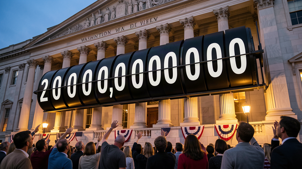 A colossal odometer-style counter mounted on a government building, its digits spinning past trillions
